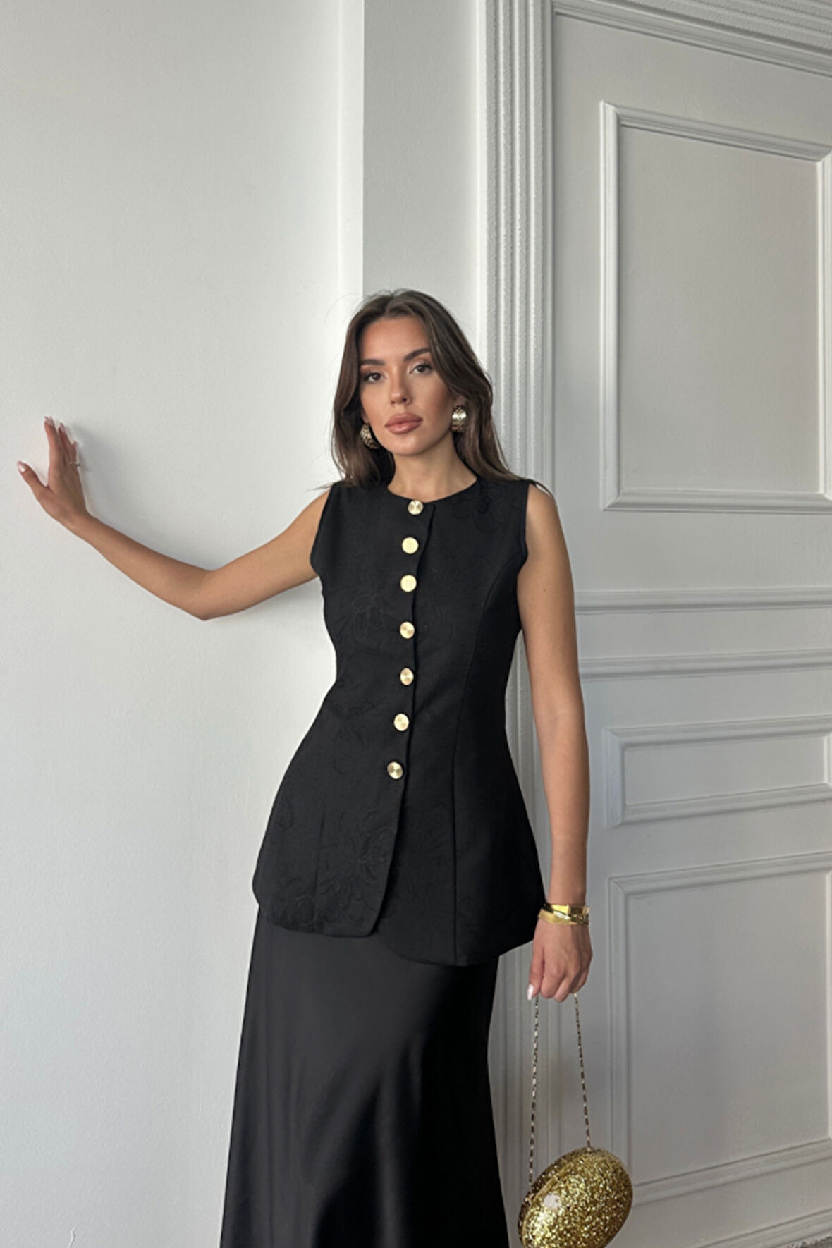 JAKAR KETEN YELEK BELDEN OTURTMALI GOLD DÜĞMELİ - Siyah