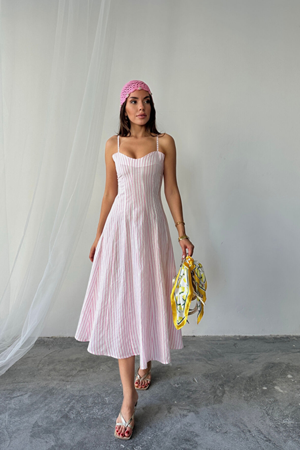 SİMLİ ÇİZGİLİ ASKILI ELBİSE MİDİ BOY - Pembe