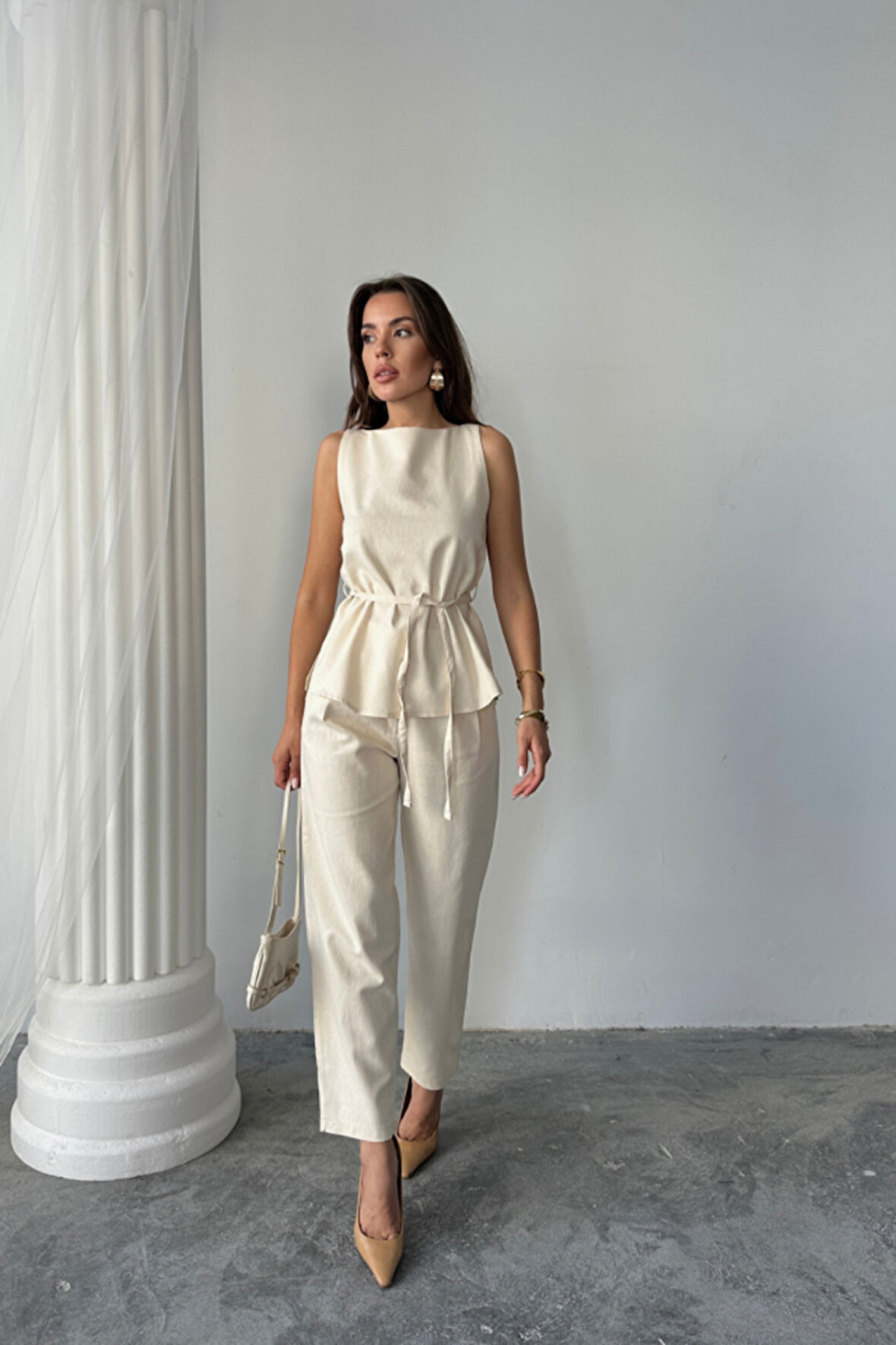 KETEN BLUZ - PANTOLON TAKIM MASSİMO MODEL  SCREAT KUMAŞ - Bej