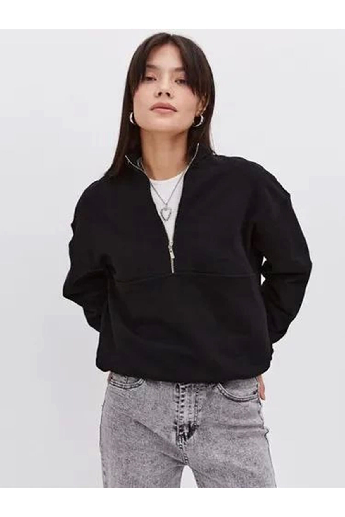 Oversize Yarım Farmuarlı Yakalı Basic SweatShirt - Siyah