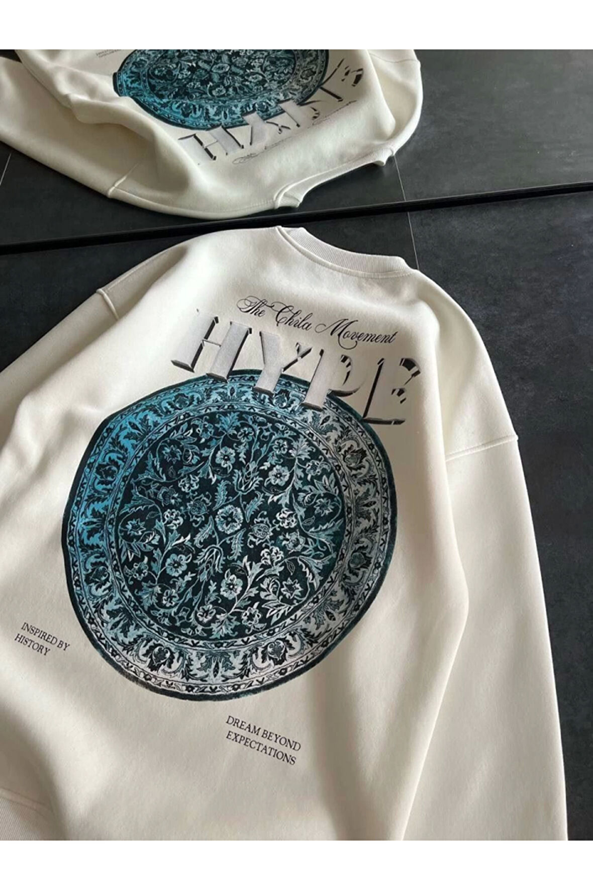 Üç İplik Bisiklet Yaka Baskılı SweatShirt - Beyaz