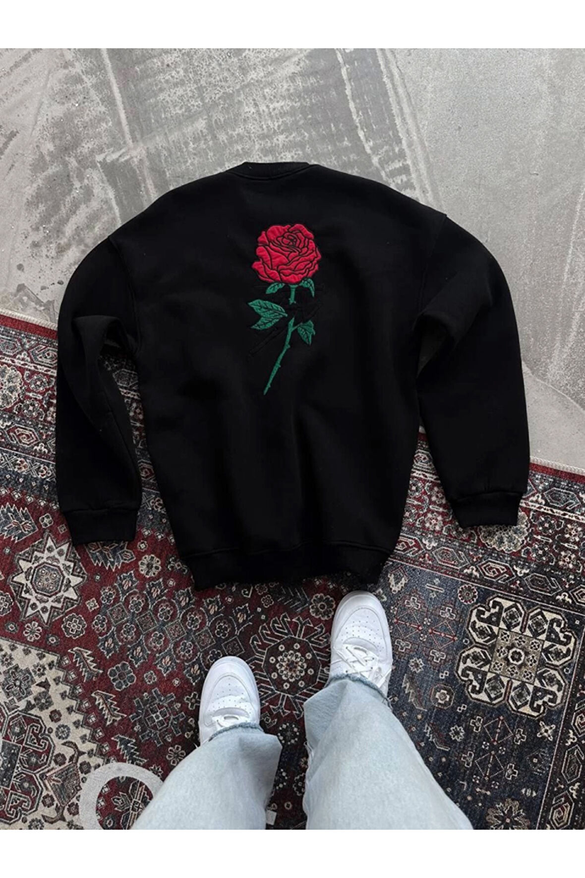 Oversize Üç İplik Bisiklet Yaka Baskılı SweatShirt - Siyah