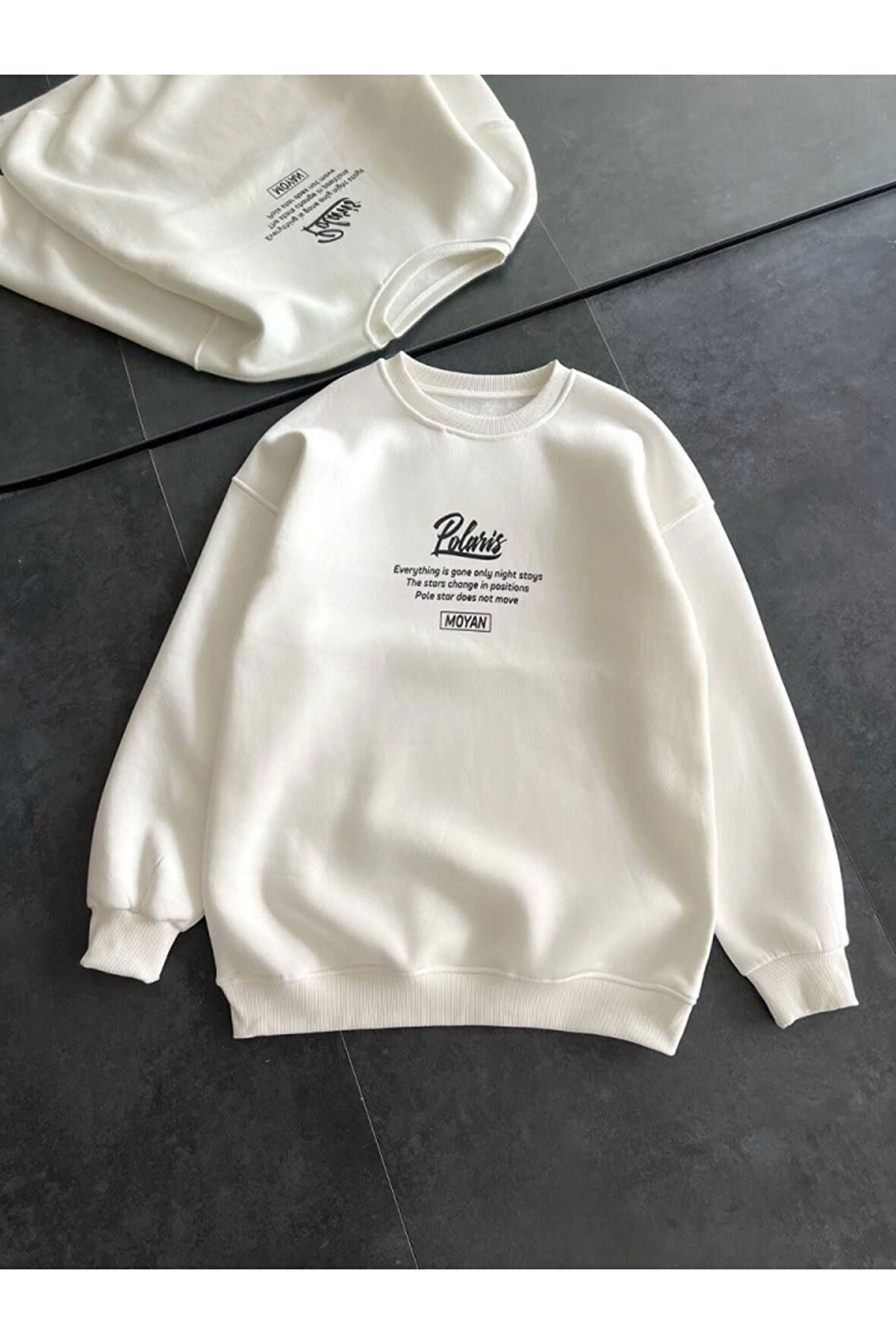 Kışlık Bisiklet Yaka Ön Ve Arka Baskılı SweatShirt - Beyaz