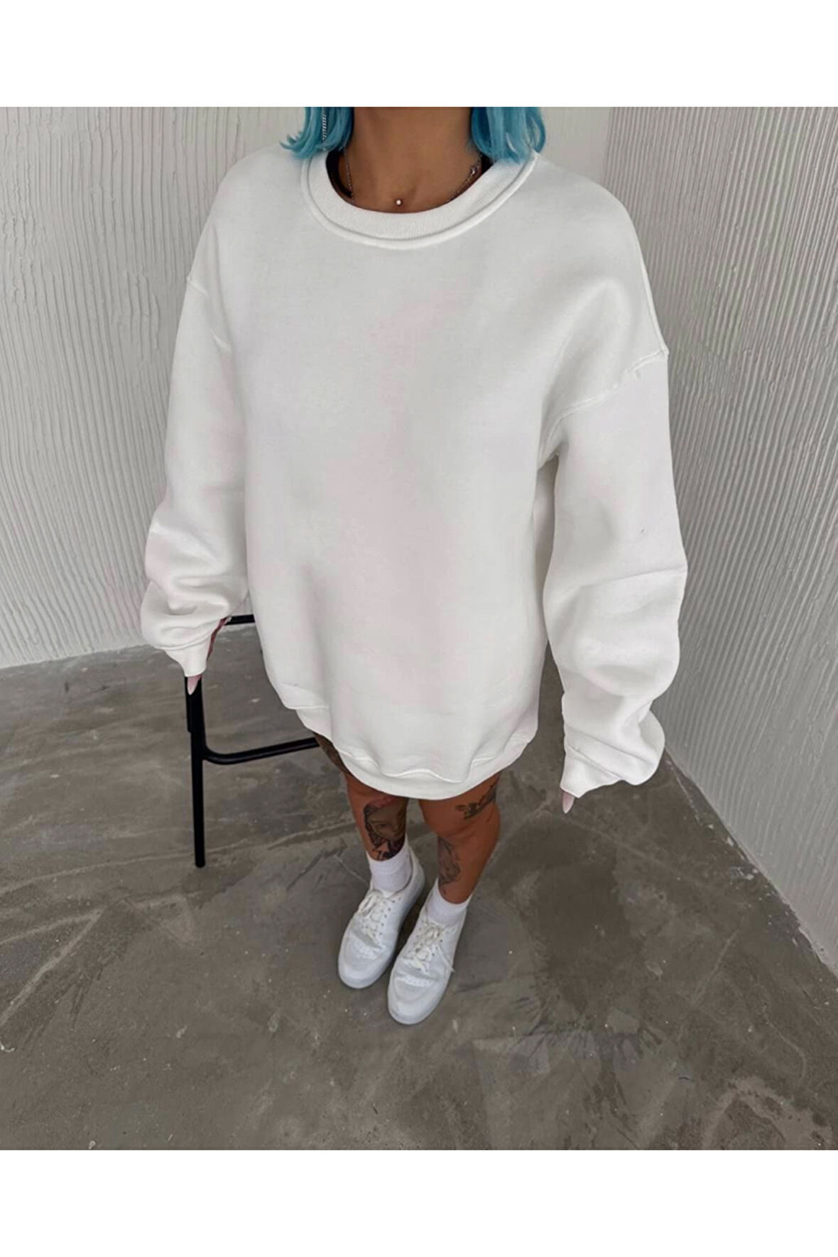 Kışlık Bisiklet Yaka Üç İplik Basic SweatShirt - Beyaz