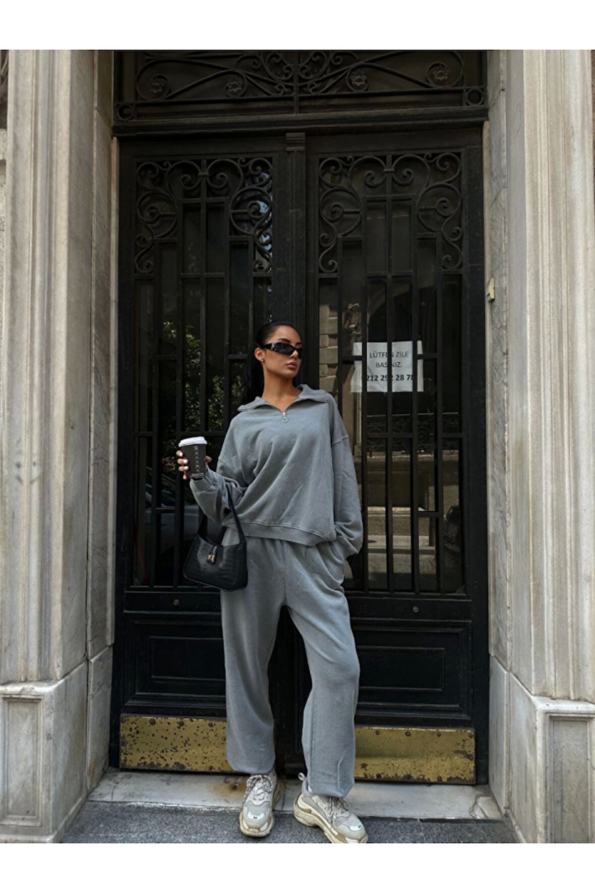 Yıkamalı Iki Iplik Kumaş  Yakalı Fermuarlı Oversize  Eşofman Takımı - Gri