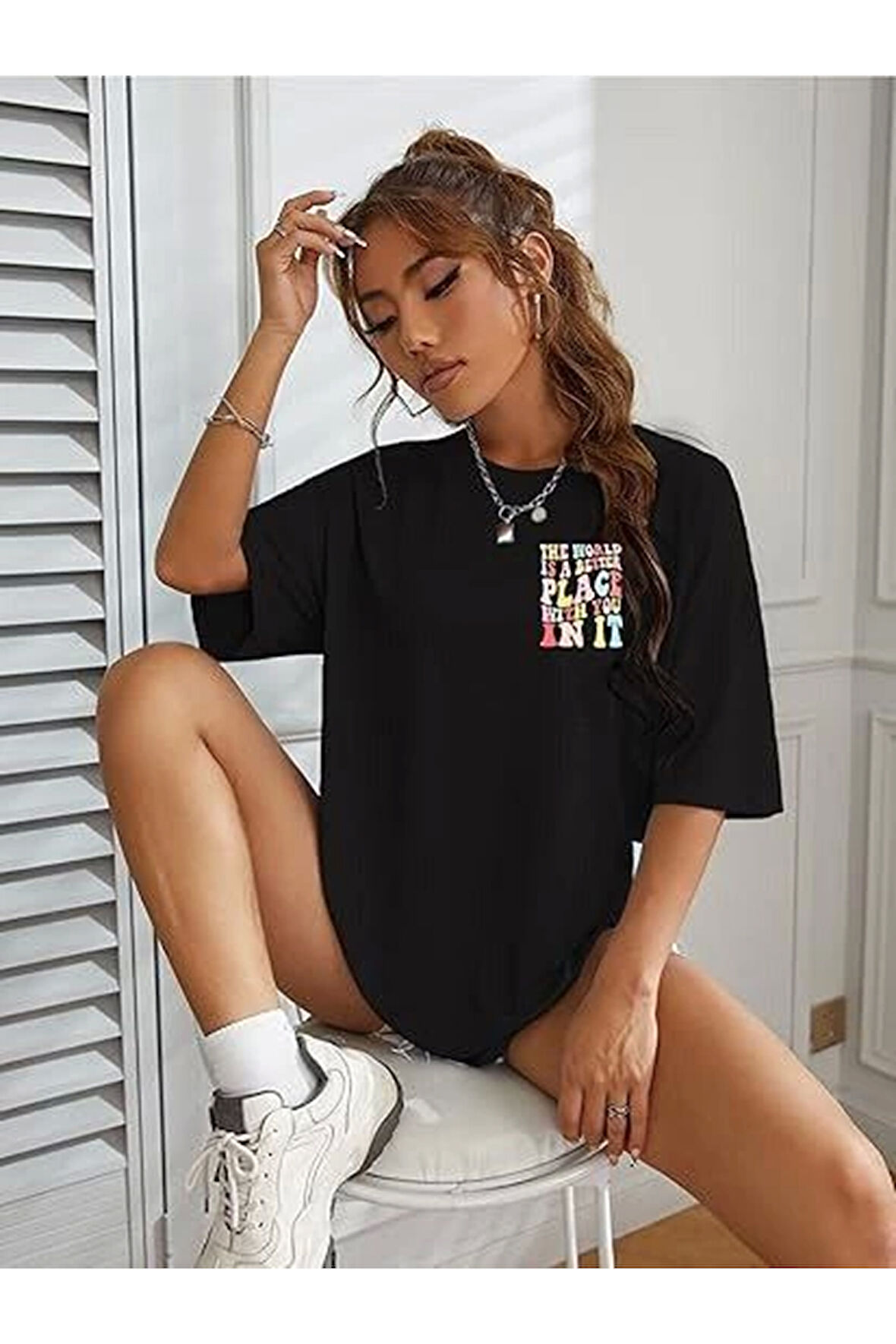 Bisiklet Yaka Baskılı T-shirt - Siyah