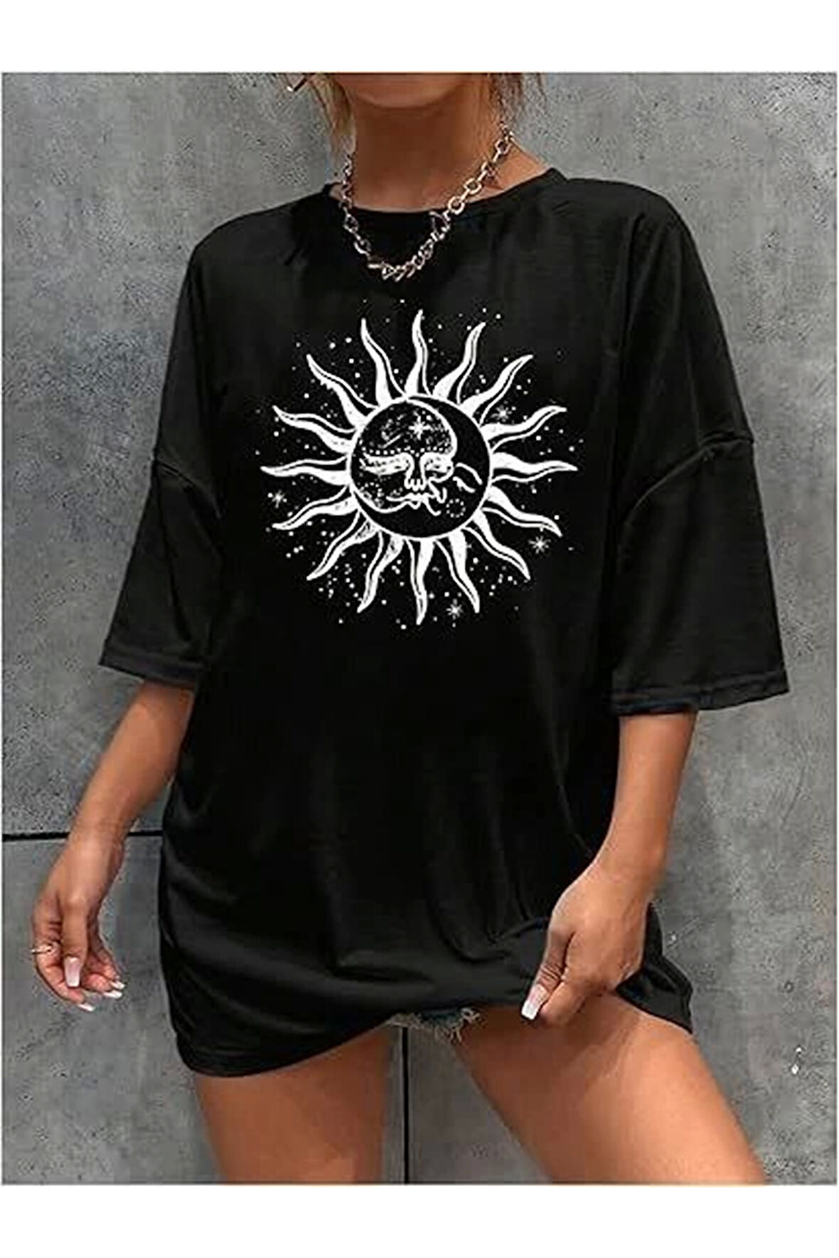 Bisiklet Yaka Baskılı T-shirt - Siyah