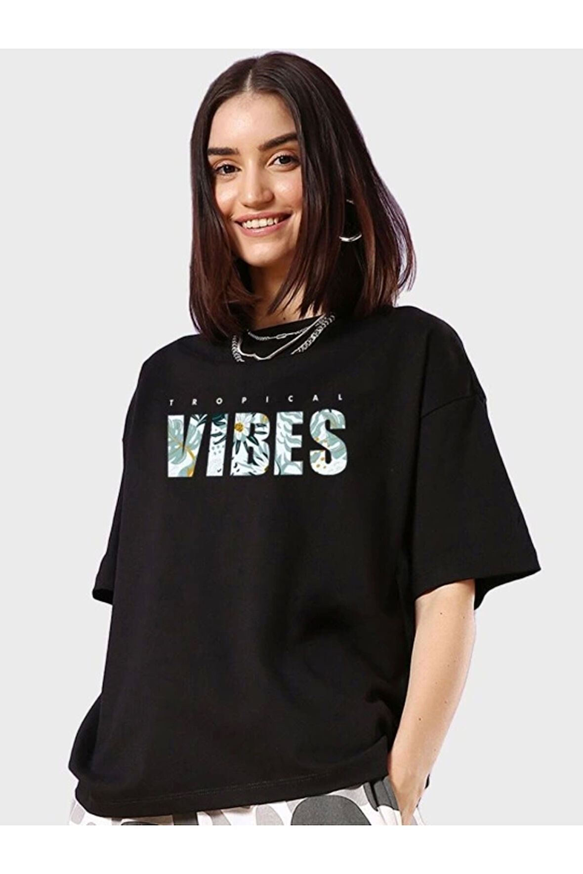 Baskılı Oversize T-shirt - Siyah