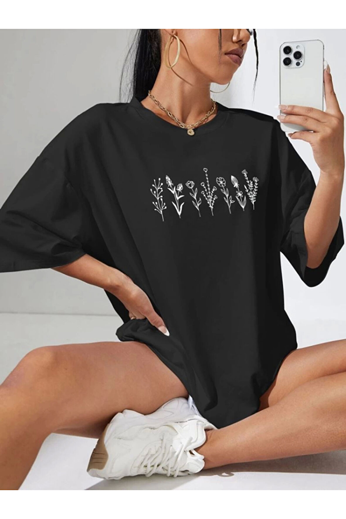 Baskılı Oversize T-shirt - Siyah