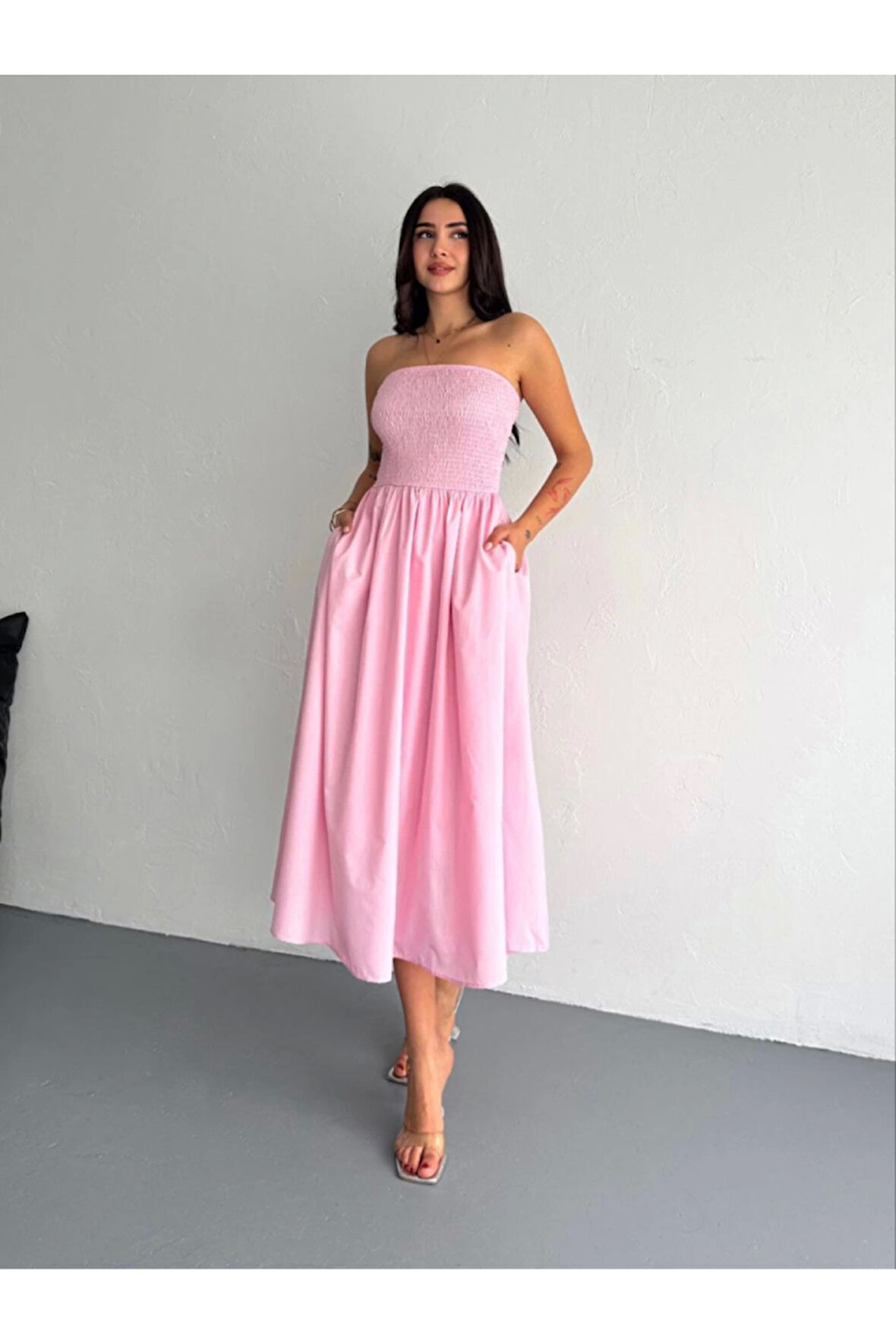 Straplez Pileli Elbise - Pembe