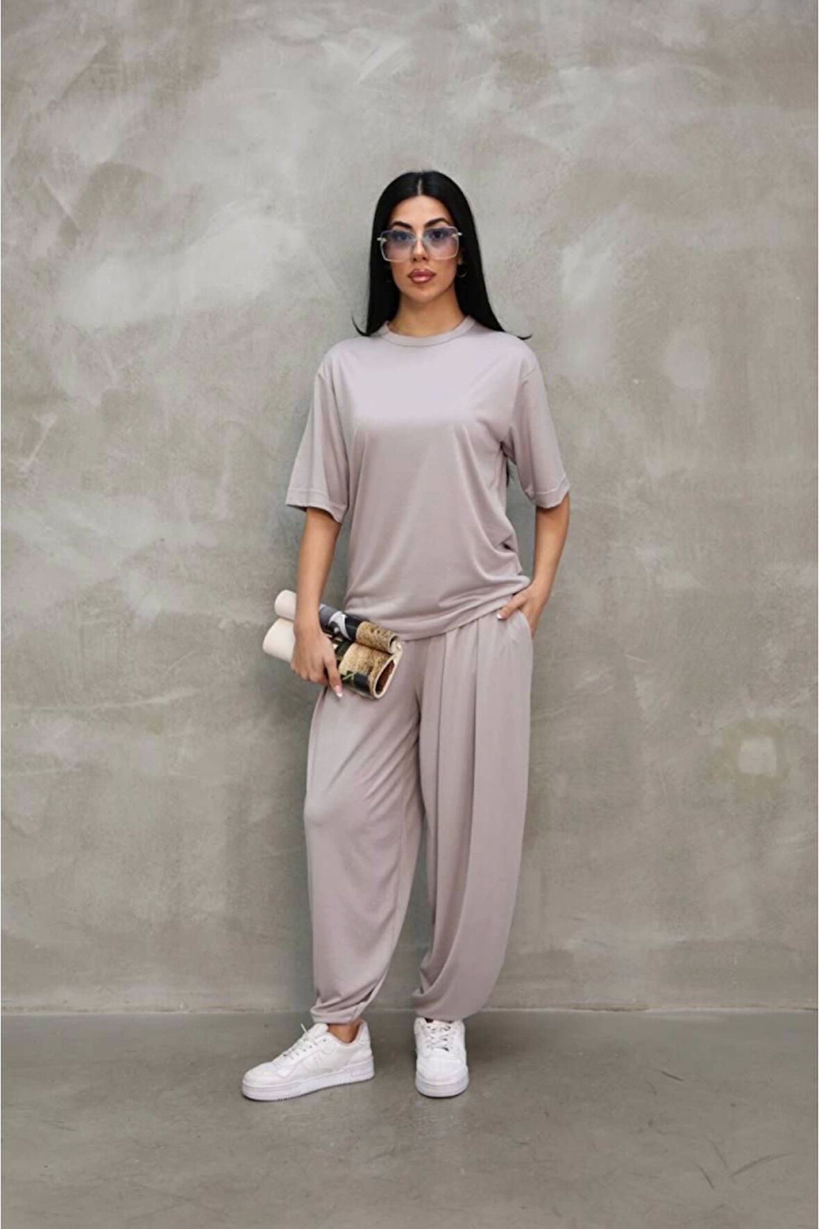 Osy Modal Yumuşak Dokulu Kumaş Oversize Bisiklet Yaka T-shirt Jogger Eşofman Altı Eşofman Takımı - 