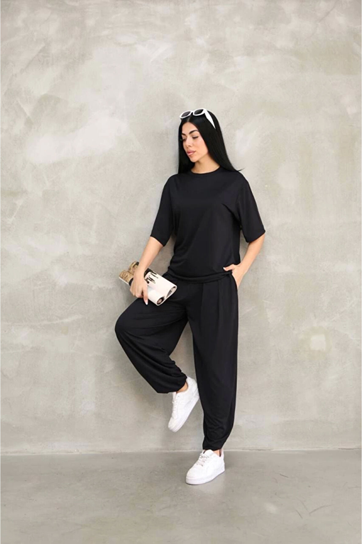 Osy Modal Yumuşak Dokulu Kumaş Oversize Bisiklet Yaka T-shirt Jogger Eşofman Altı Eşofman Takımı - 