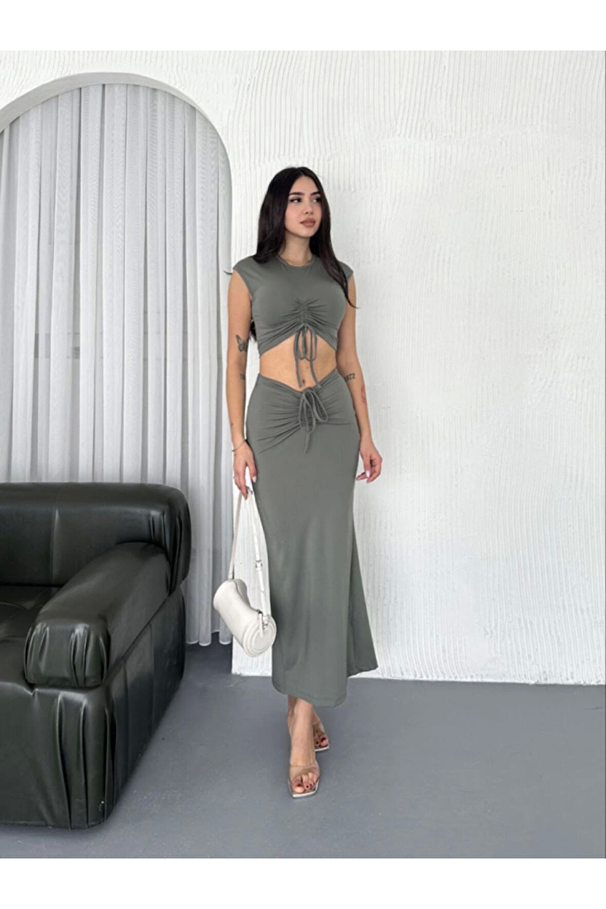 Osy Modal Yumuşak Dokulu Kumaş Büzgülü Crop Etek Takım - Mint Yeşili