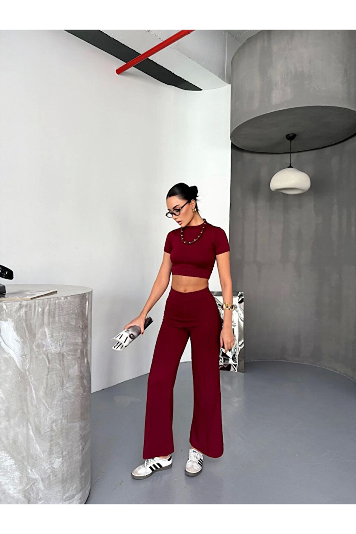 Osy Modal Yumuşak Dokulu Kumaş Kısa Kollu Crop Alt Ispanyol Paça Pantalon Ikili Takım - Bordo