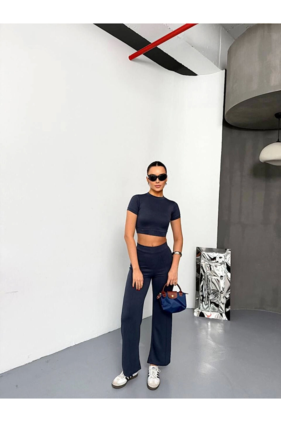 Osy Modal Yumuşak Dokulu Kumaş Kısa Kollu Crop Alt Ispanyol Paça Pantalon Ikili Takım - Füme