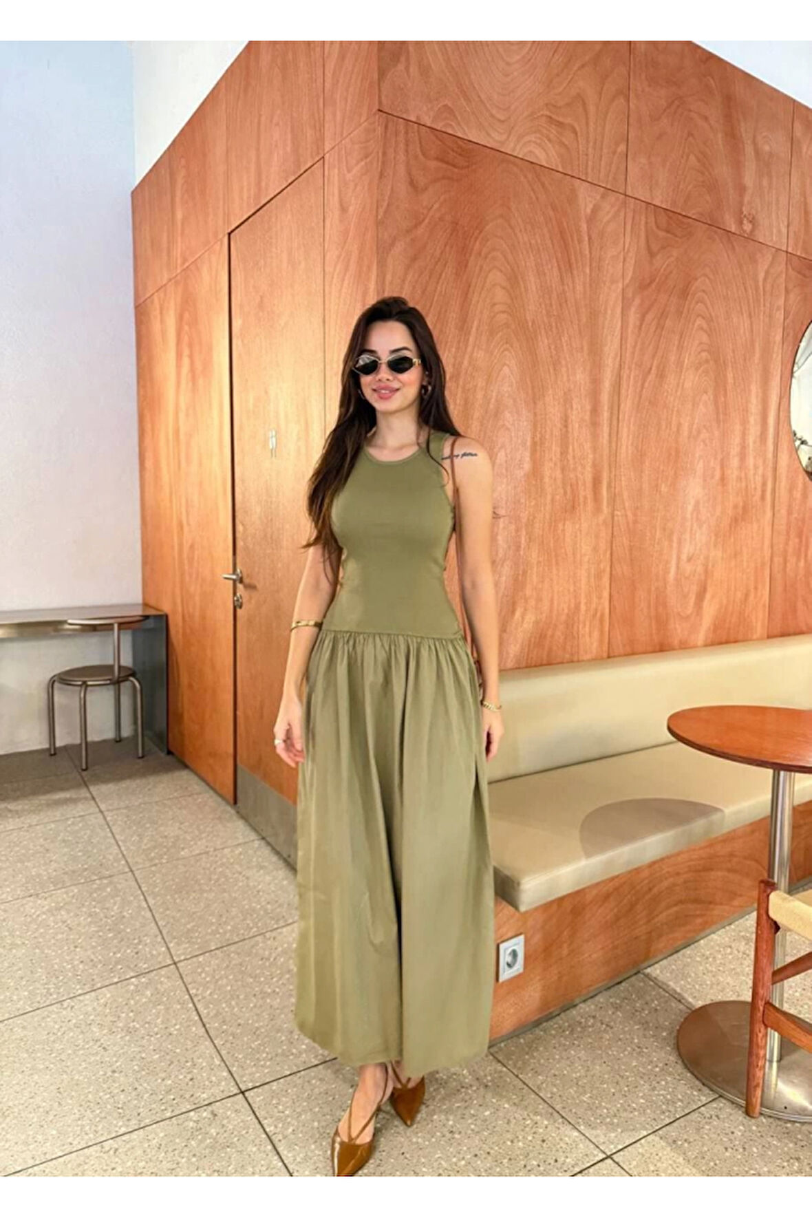 Kolsuz Uzun Elbise - Haki