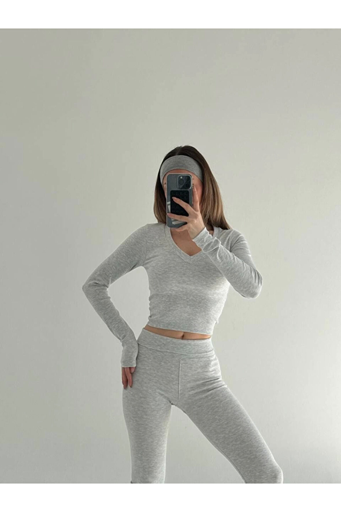 V Yaka Uzun Kollu Bluz İspanyol Paçalı Tayt İkili Takım - Gri