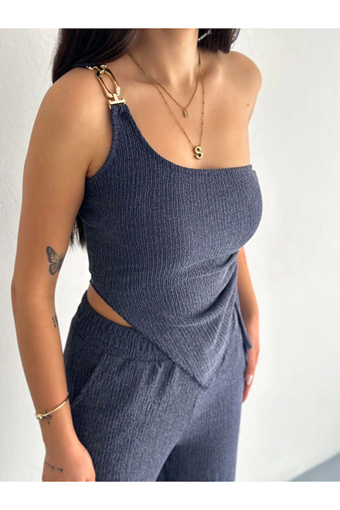 Asimetrik Crop Pantalon Ikili Takım - Lacivert