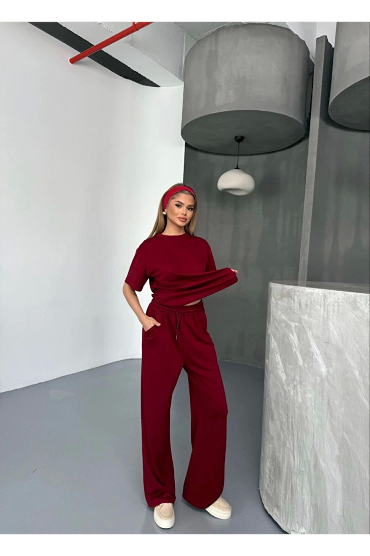 Osy Modal Yumuşak Dokulu Kumaş   Kısa Kollu Bluz Rahat Pantalon Ikili Takım- Bordo