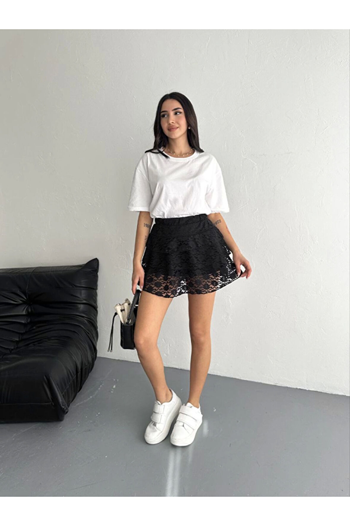 Dantel Şortlu Etek - Siyah