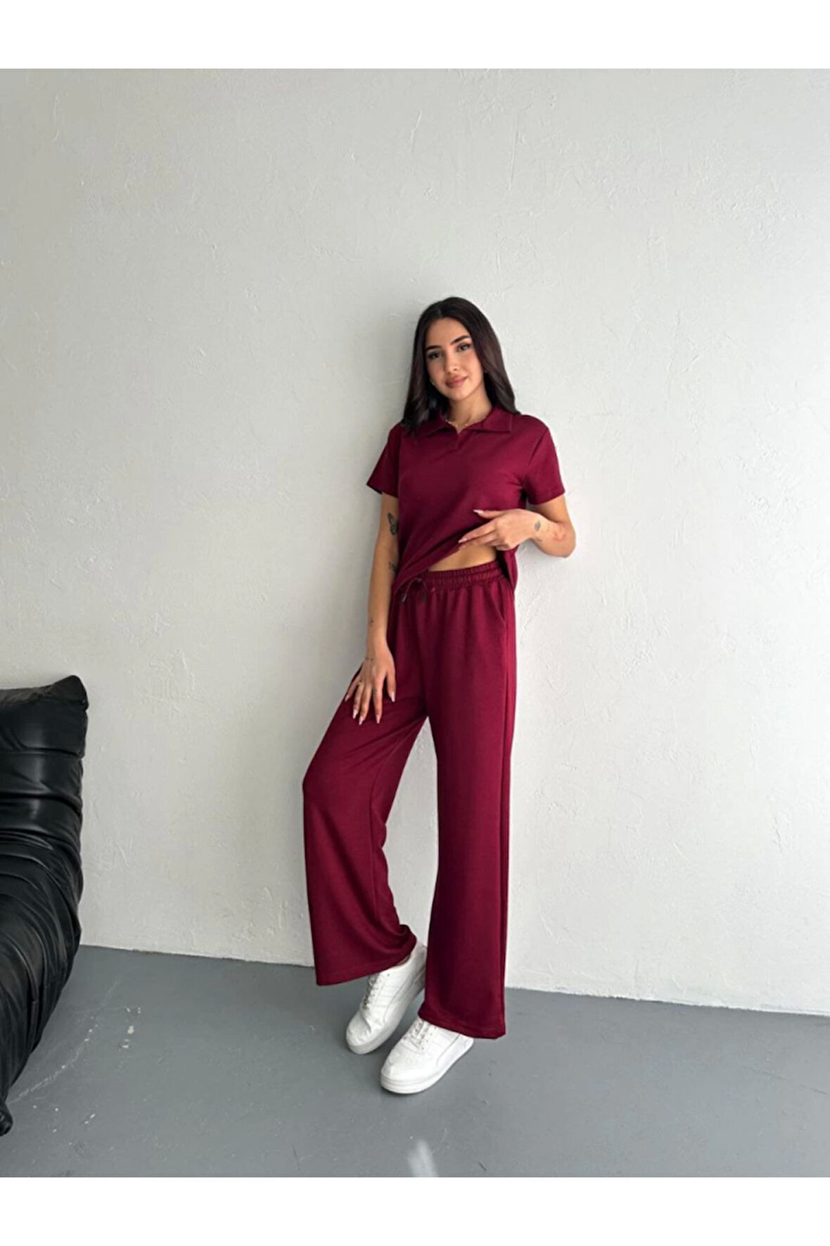 Osy Modal Yumuşak Dokulu Kumaş Kısa Kollu Yakalı T-shirt Pantalon Ikili Takım- Bordo