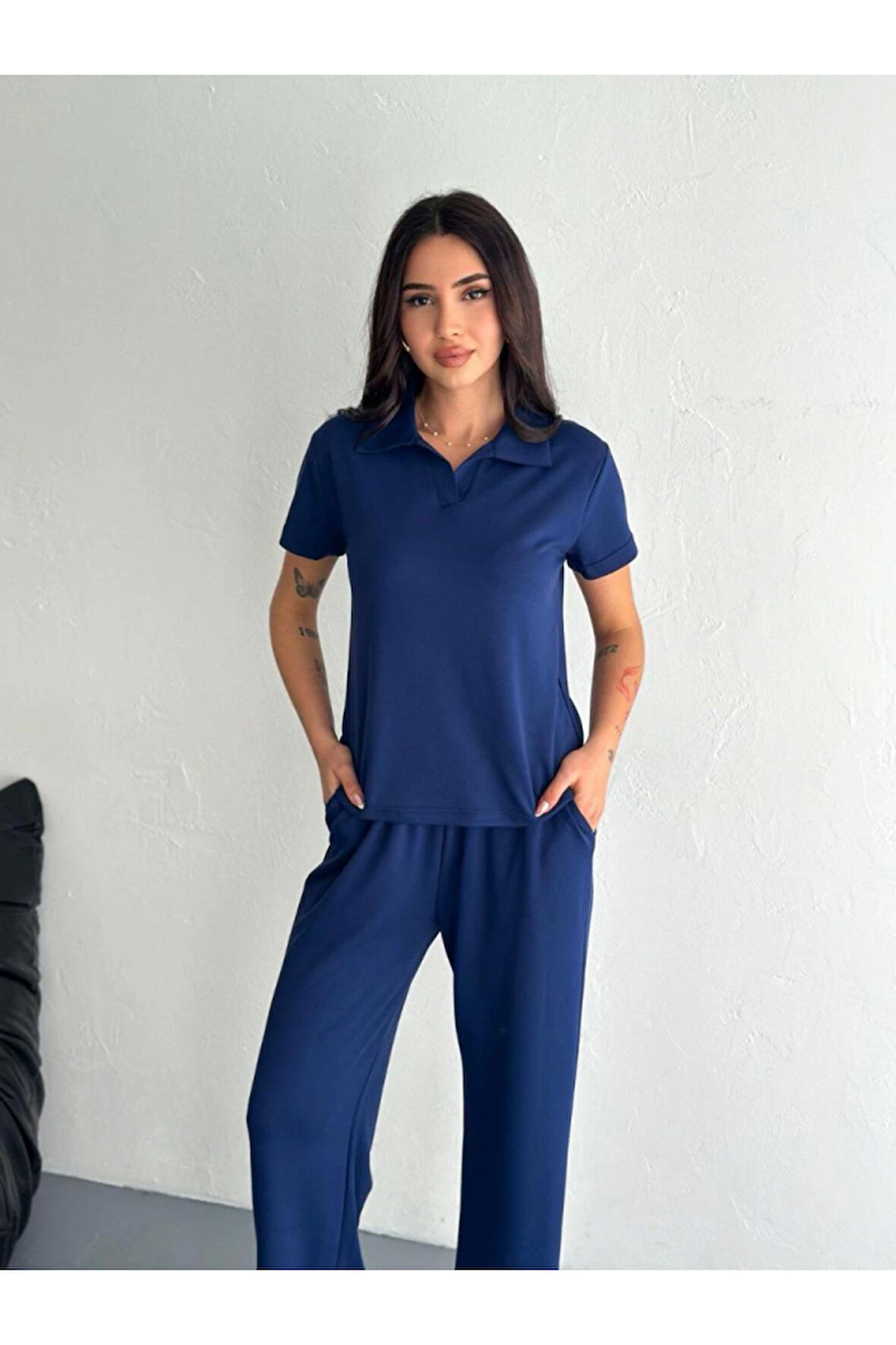 Osy Modal Yumuşak Dokulu Kumaş Kısa Kollu Yakalı T-shirt Pantalon Ikili Takım- Lacivert