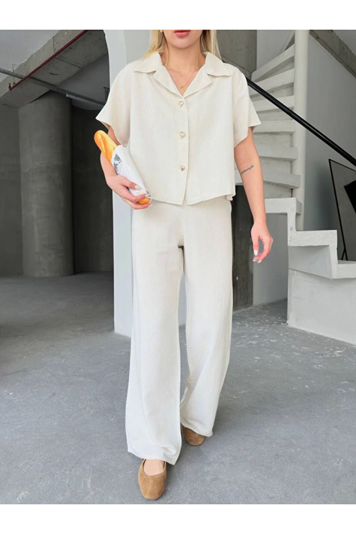 Keten Kısa Kollu Gömlek Pantolon Ikili Takım - Beyaz