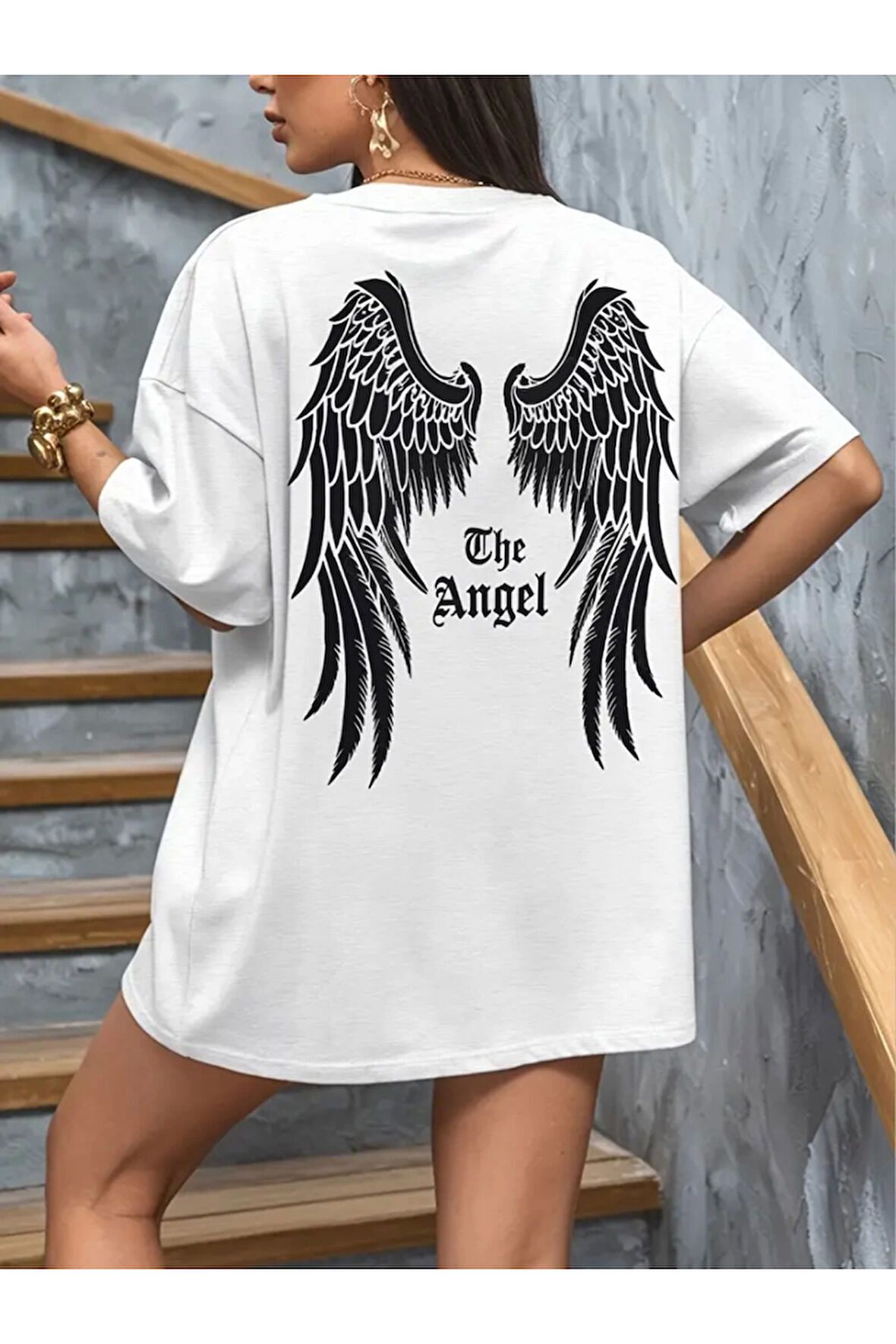 Baskılı Oversize Bisiklet Yaka T-shirt - Beyaz