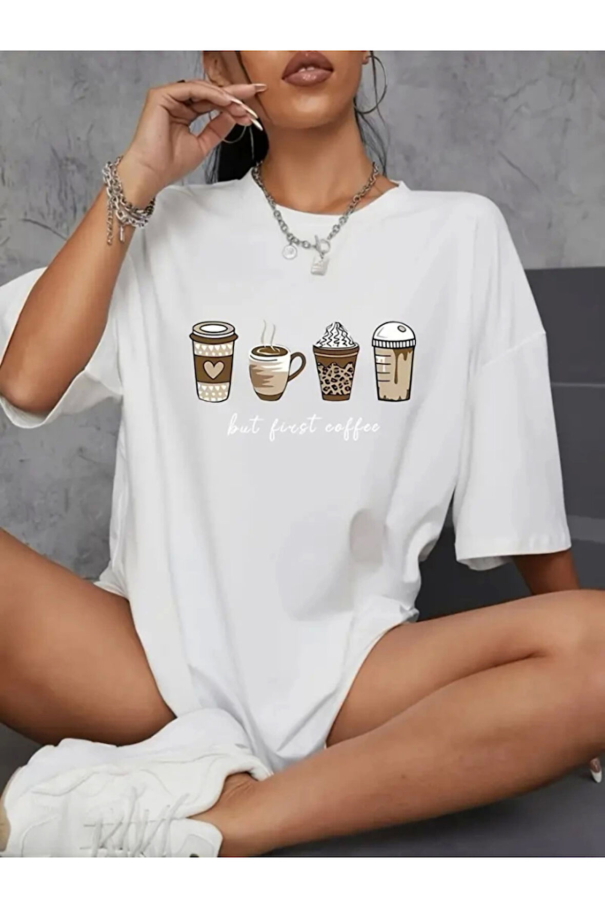 Baskılı Oversize Bisiklet Yaka T-shirt - Beyaz