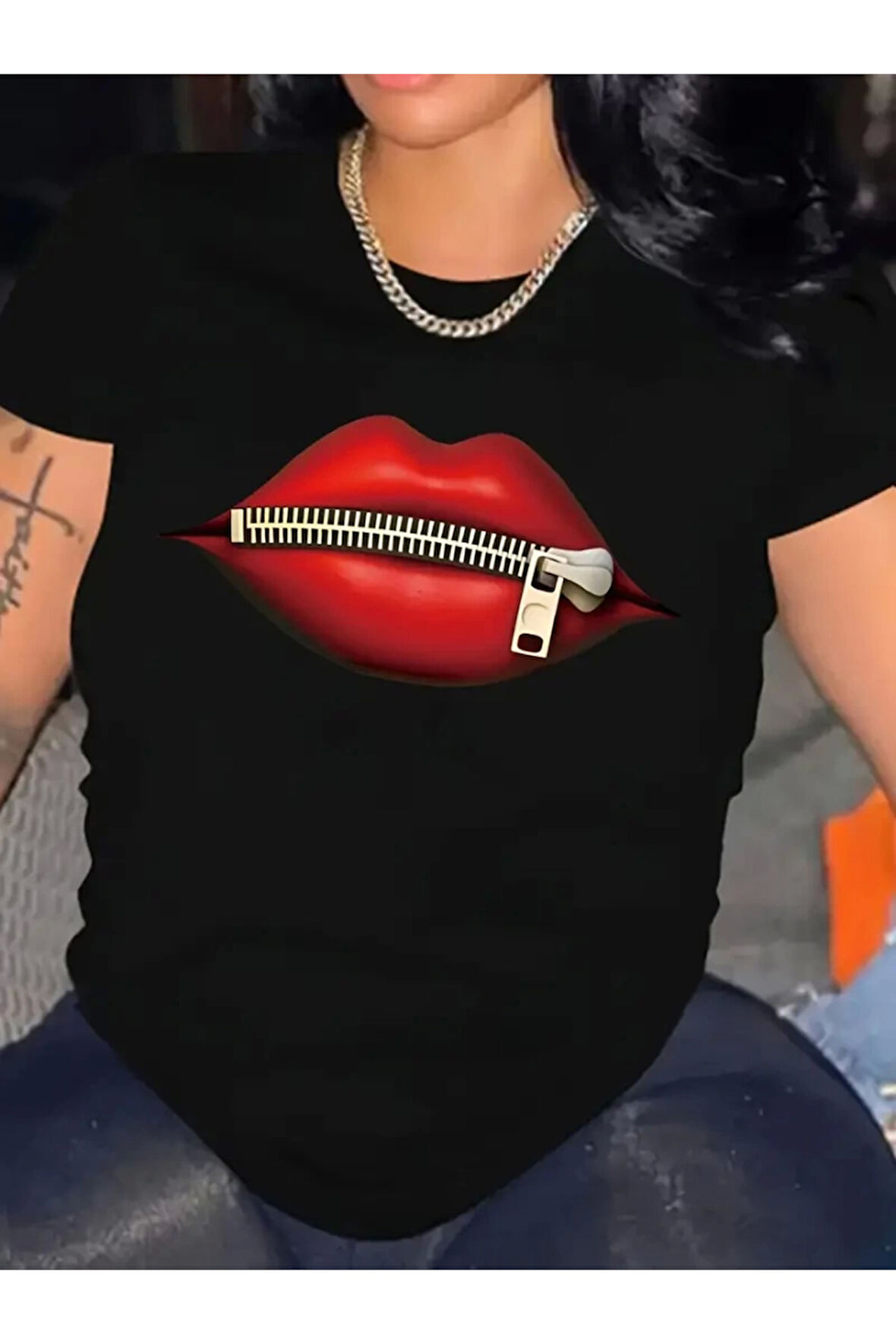 Baskılı Oversize Bisiklet Yaka T-shirt - Siyah