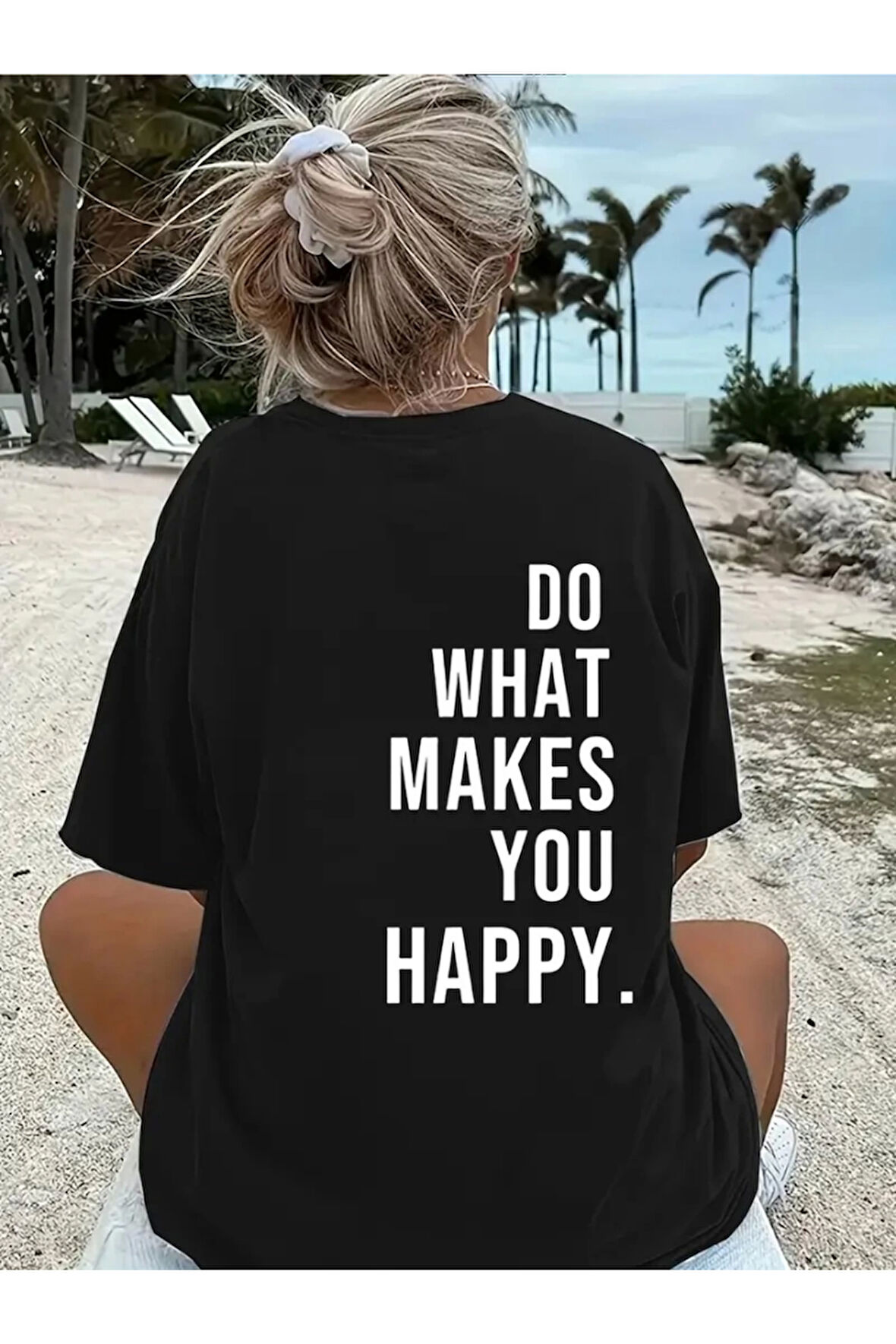 Baskılı Oversize Bisiklet Yaka T-shirt - Siyah