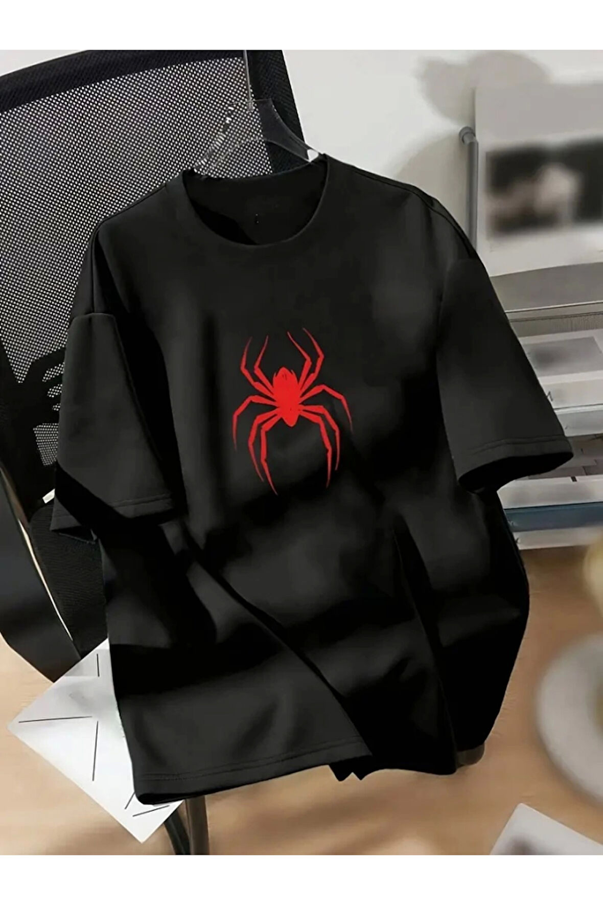 Baskılı Oversize Bisiklet Yaka T-shirt - Siyah