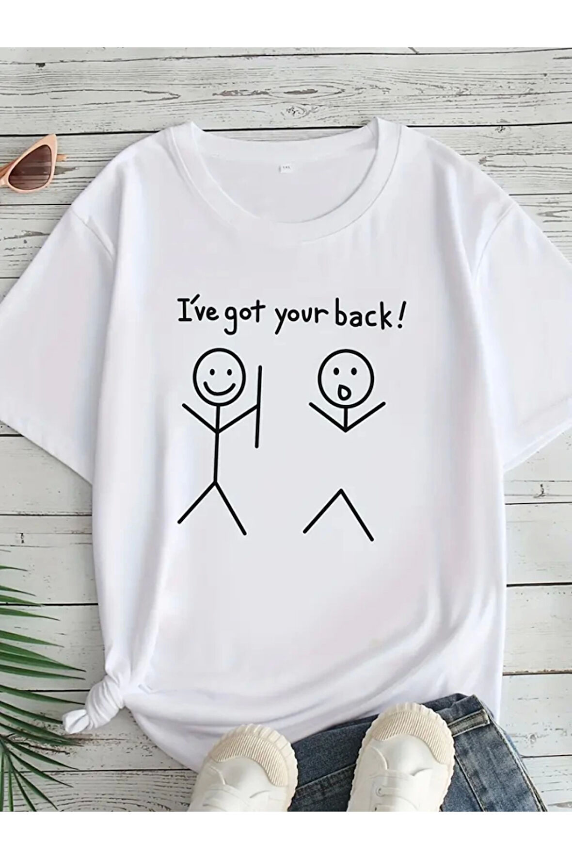 Baskılı Oversize Bisiklet Yaka T-shirt - Beyaz