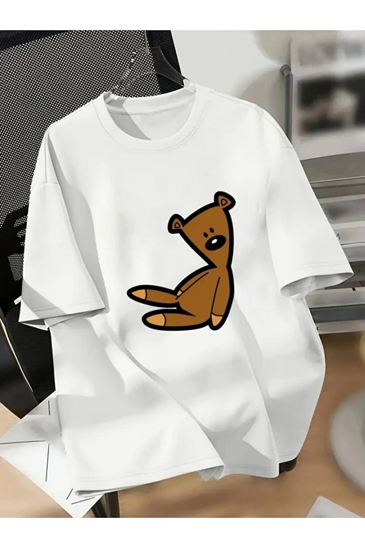 Baskılı Oversize Bisiklet Yaka T-shirt - Beyaz