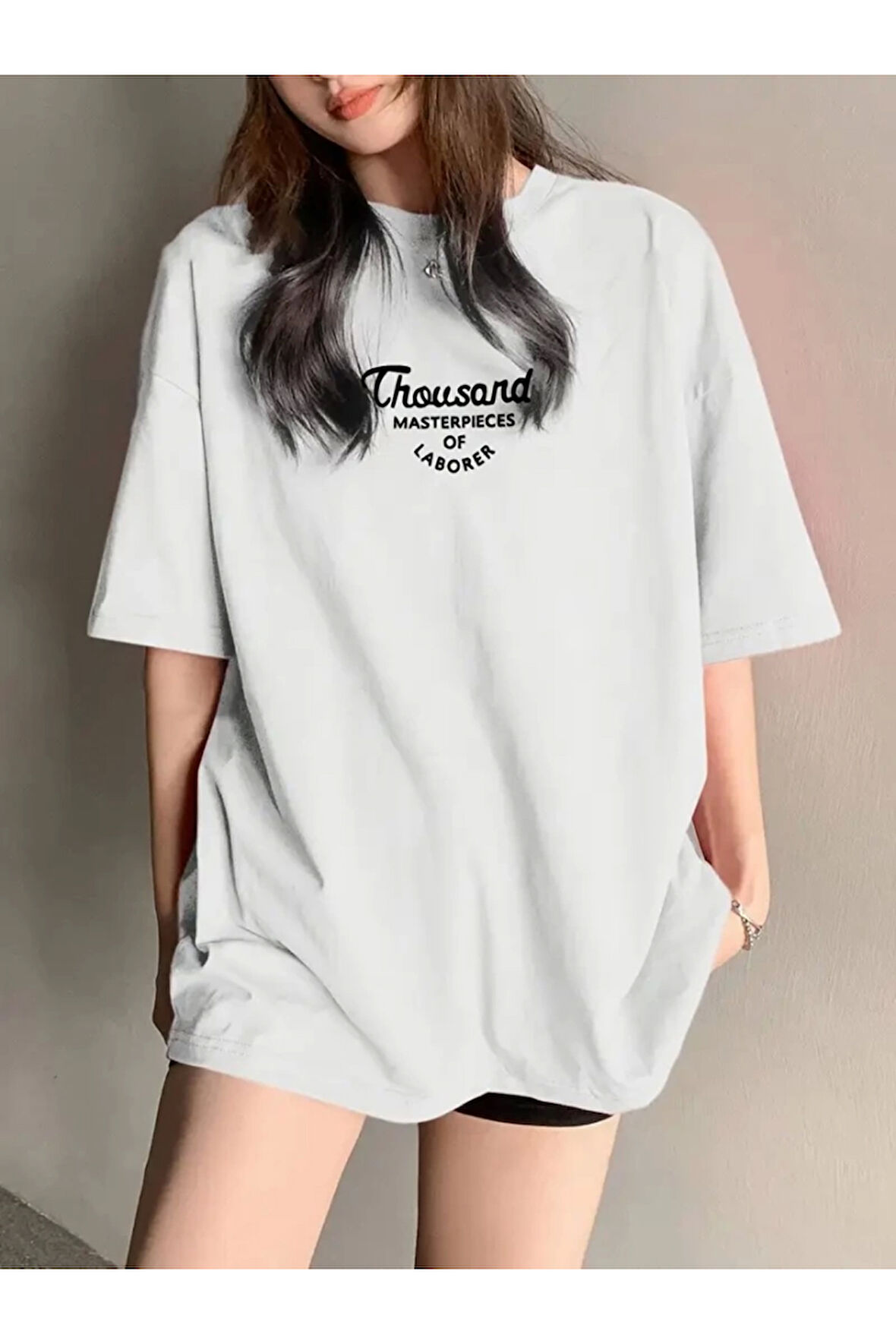 Thousand Baskılı Oversize Bisiklet Yaka T-shirt - Beyaz