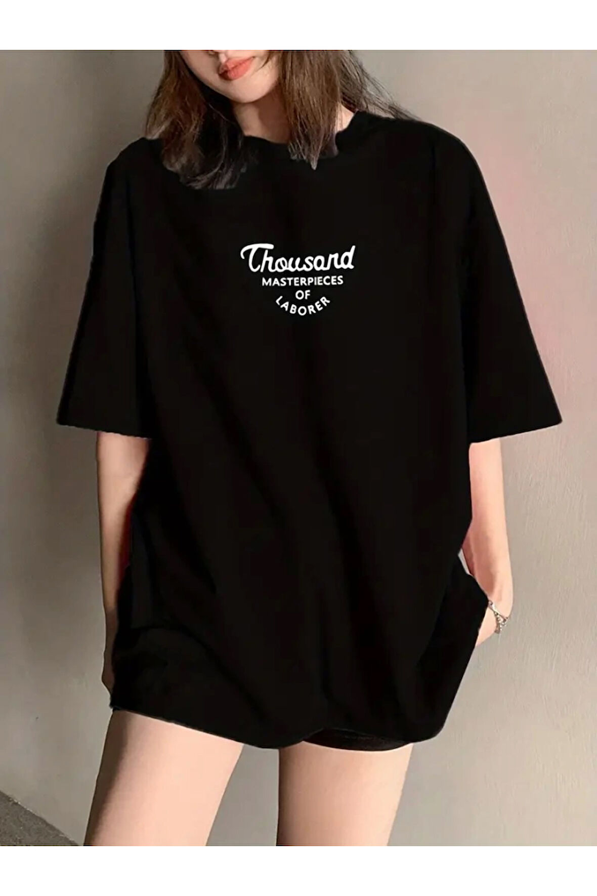 Thousand Baskılı Oversize Bisiklet Yaka T-shirt - Siyah