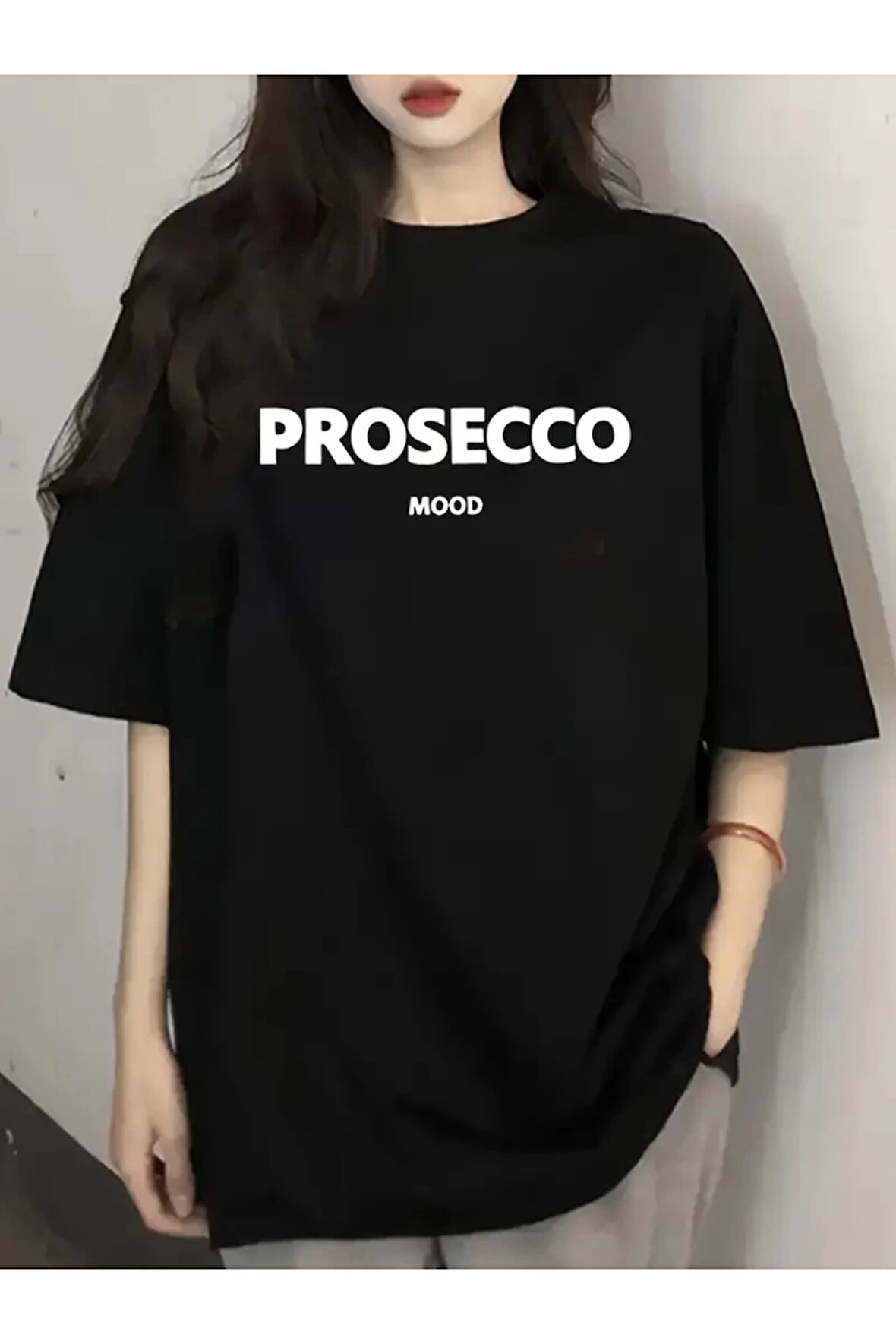 Baskılı Oversize Bisiklet Yaka T-shirt - Siyah