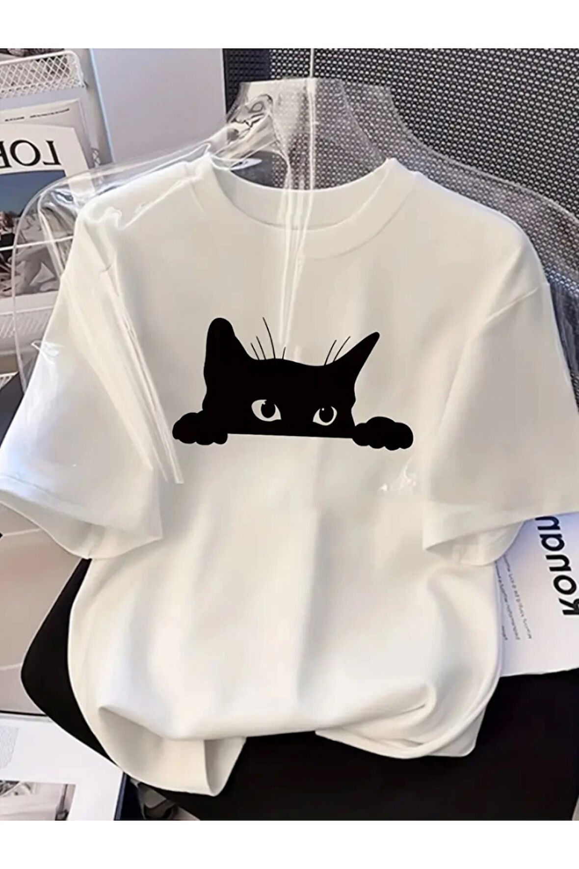 Baskılı Oversize Bisiklet Yaka T-shirt - Beyaz