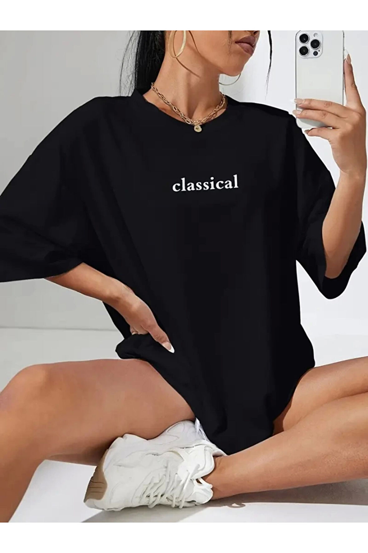 Baskılı Oversize Bisiklet Yaka T-shirt - Siyah