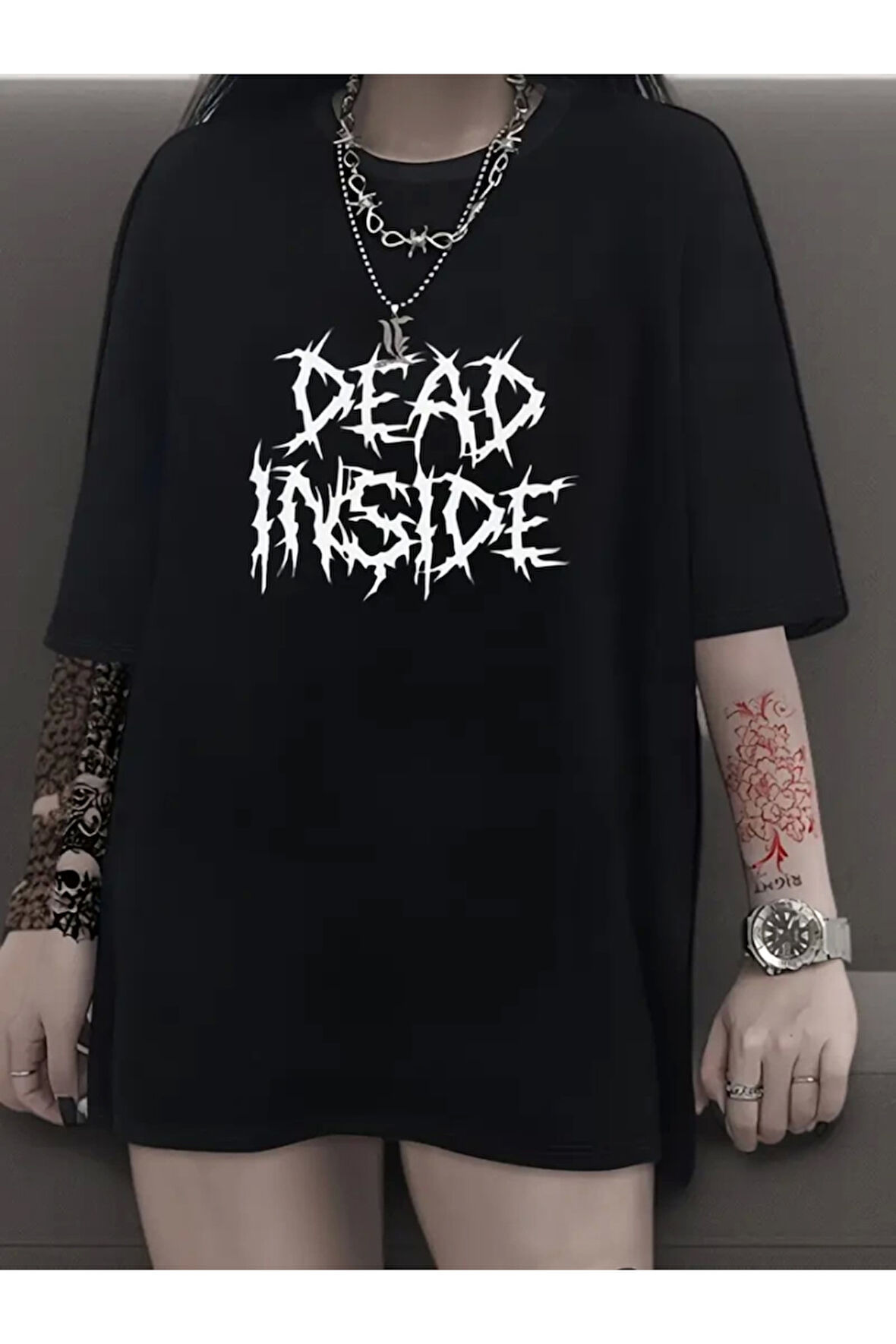 Baskılı Oversize Bisiklet Yaka T-shirt - Siyah