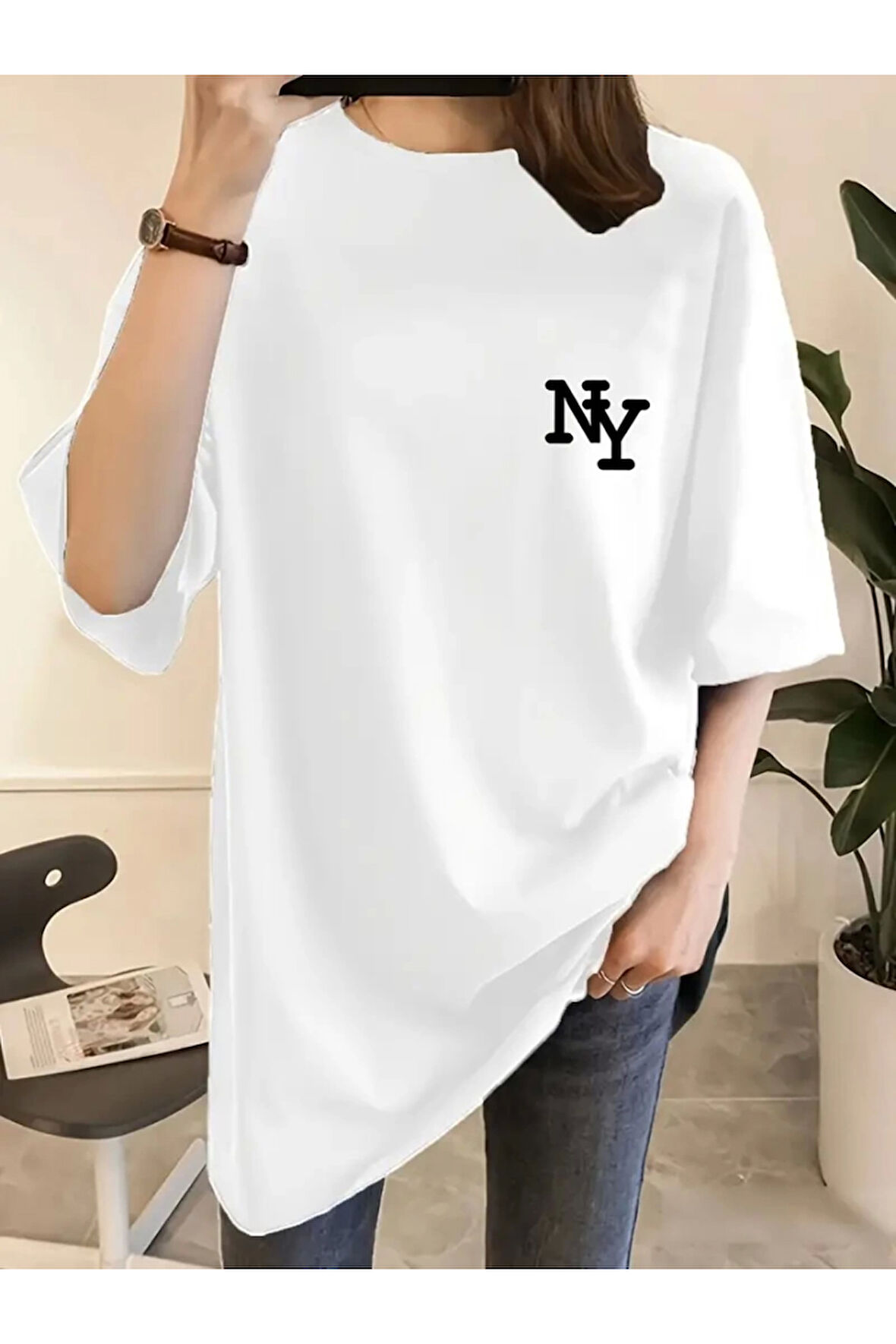 Baskılı Oversize Bisiklet Yaka T-shirt - Beyaz