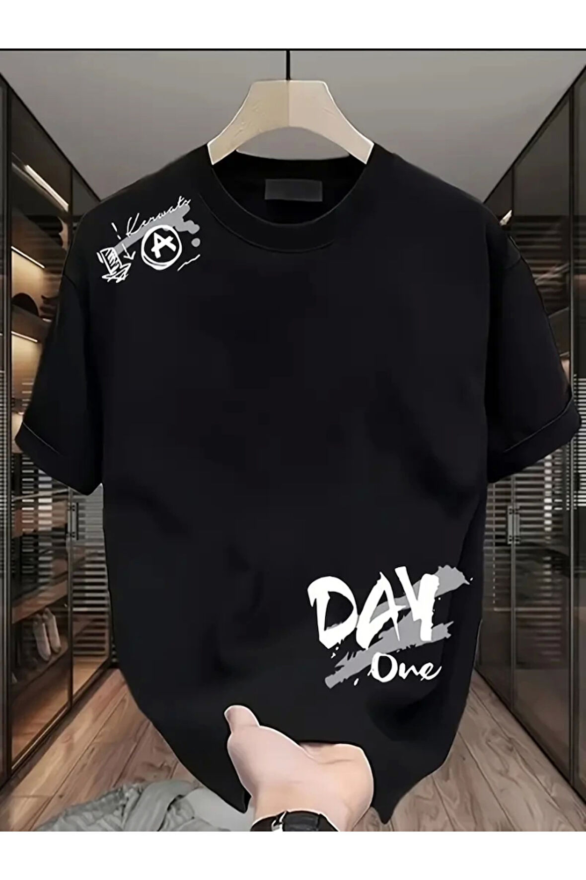 Baskılı Oversize Bisiklet Yaka T-shirt - Siyah