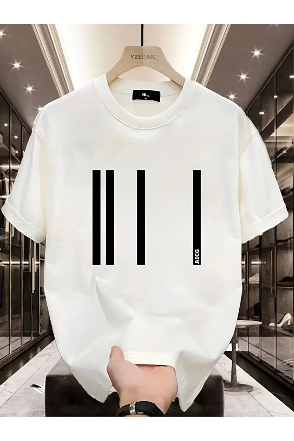 Baskılı Oversize Bisiklet Yaka T-shirt - Beyaz