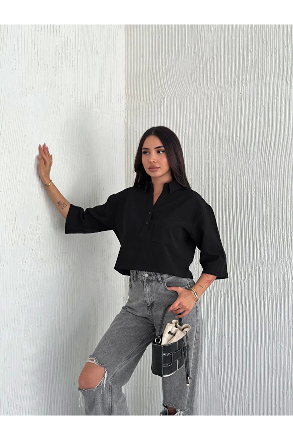 Crop Yakalı Gömlek Üç Çeyrek Sleeve Kol - Siyah