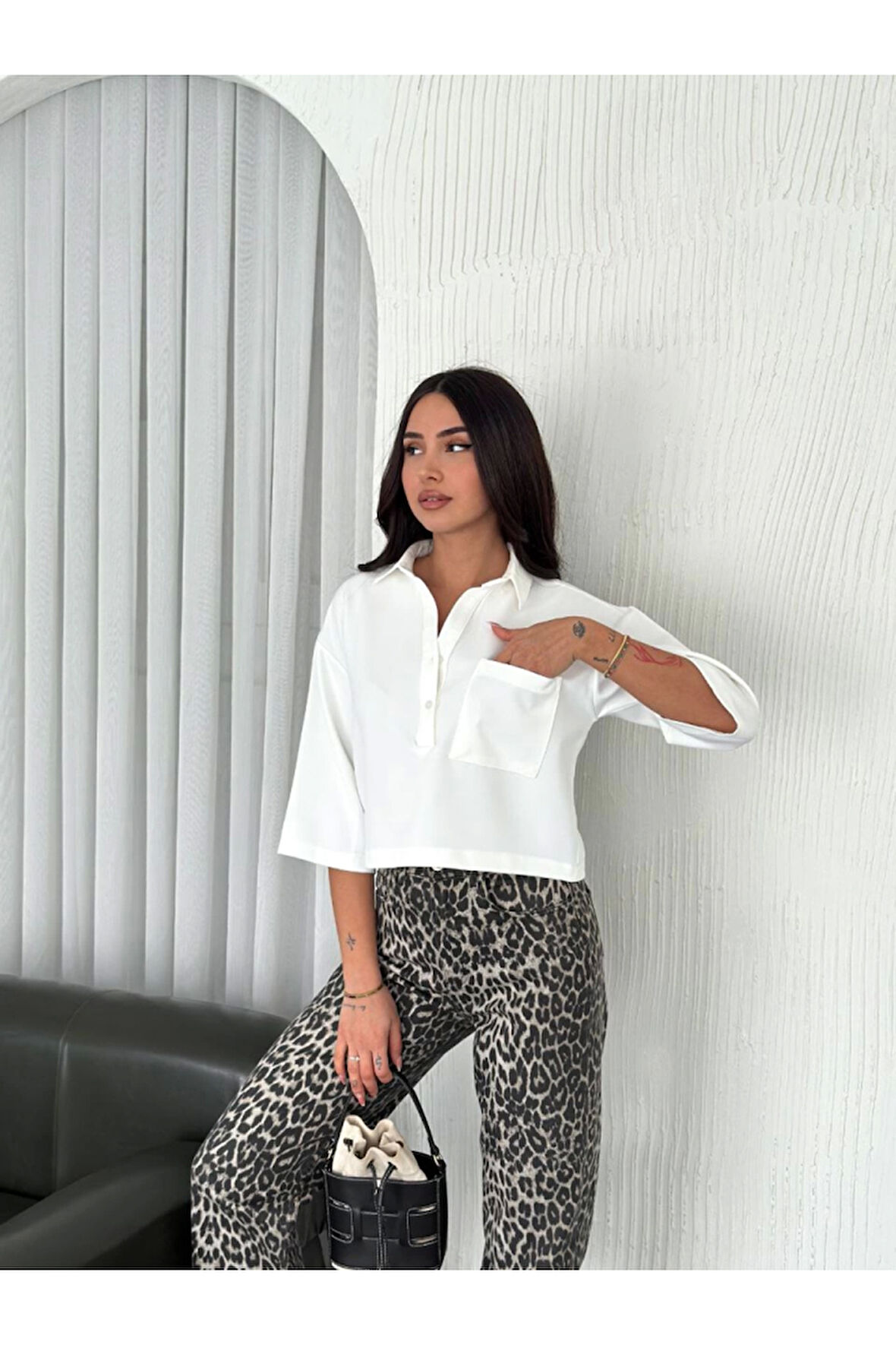 Crop Yakalı Gömlek Üç Çeyrek Sleeve Kol - Beyaz