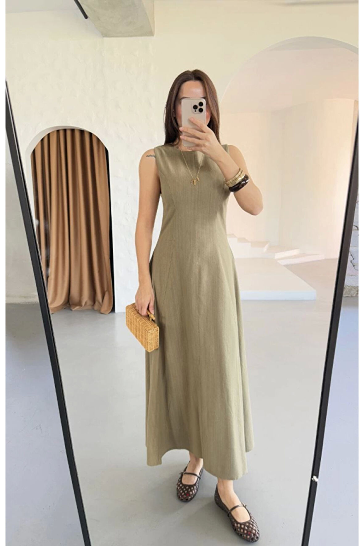 Keten Uzun Kolsuz Elbise- Haki