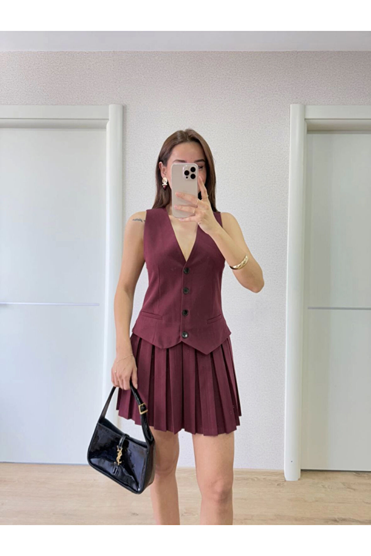 Takım Görünümlu Yelekli Mini Elbise- Bordo