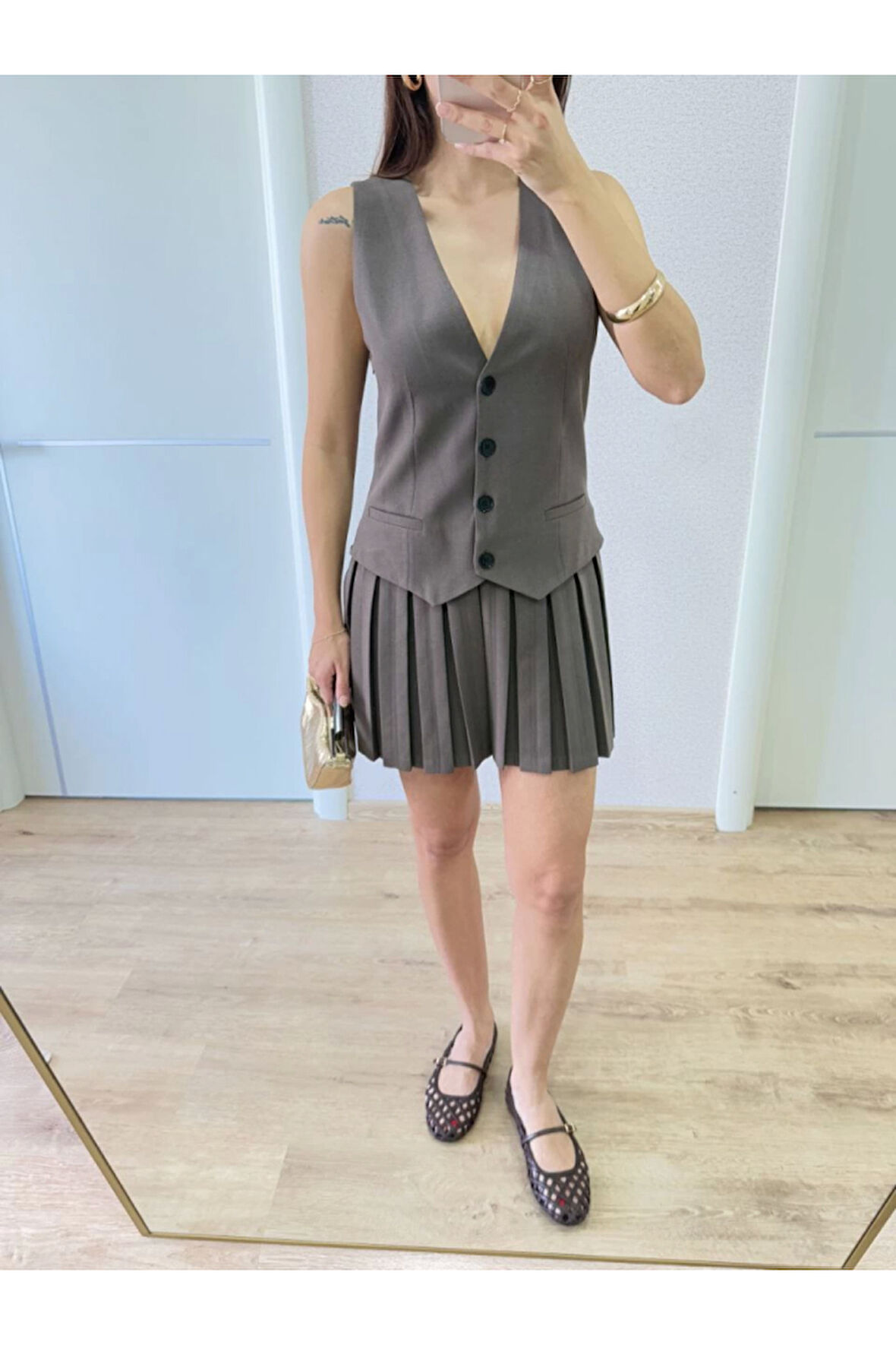 Takım Görünümlu Yelekli Mini Elbise- Füme