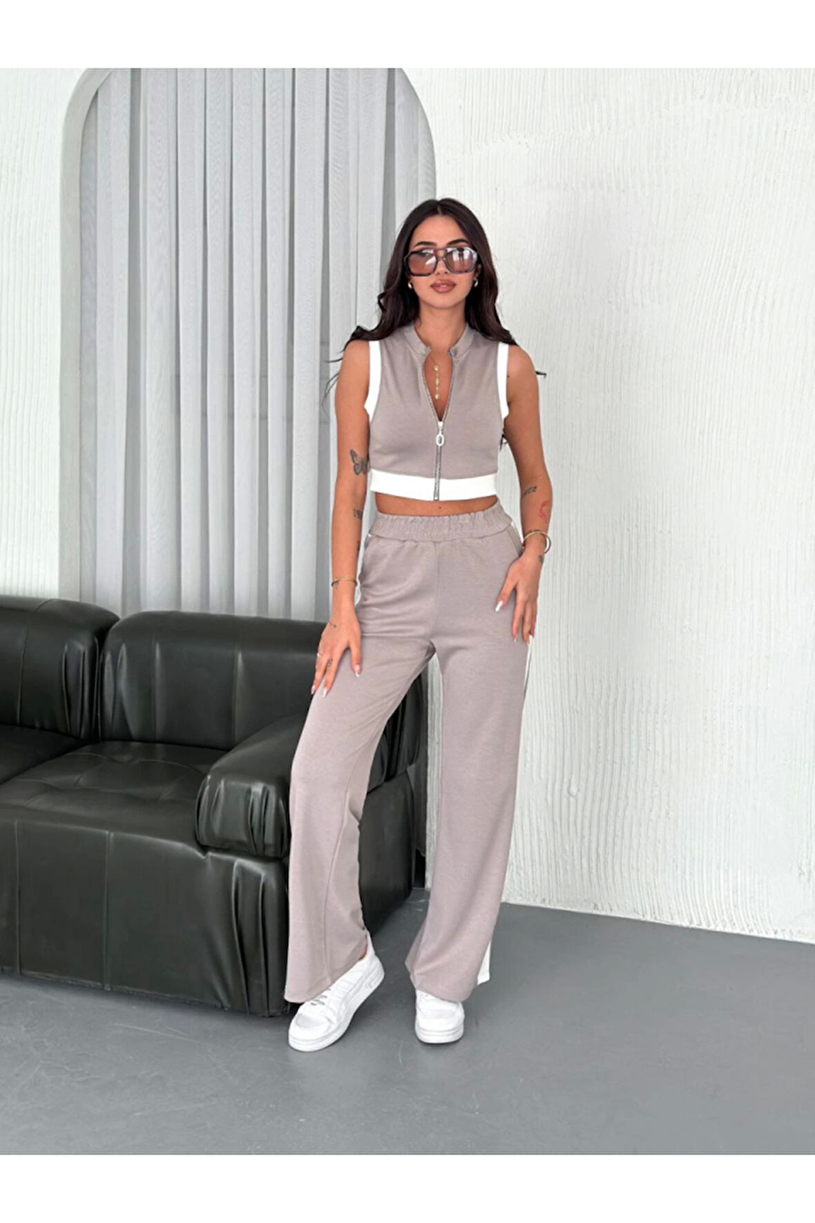 Osy Modal Yumuşak Dokulu Kumaş Tam Fermuarlı Crop Pantalon İkili Takım - Gri