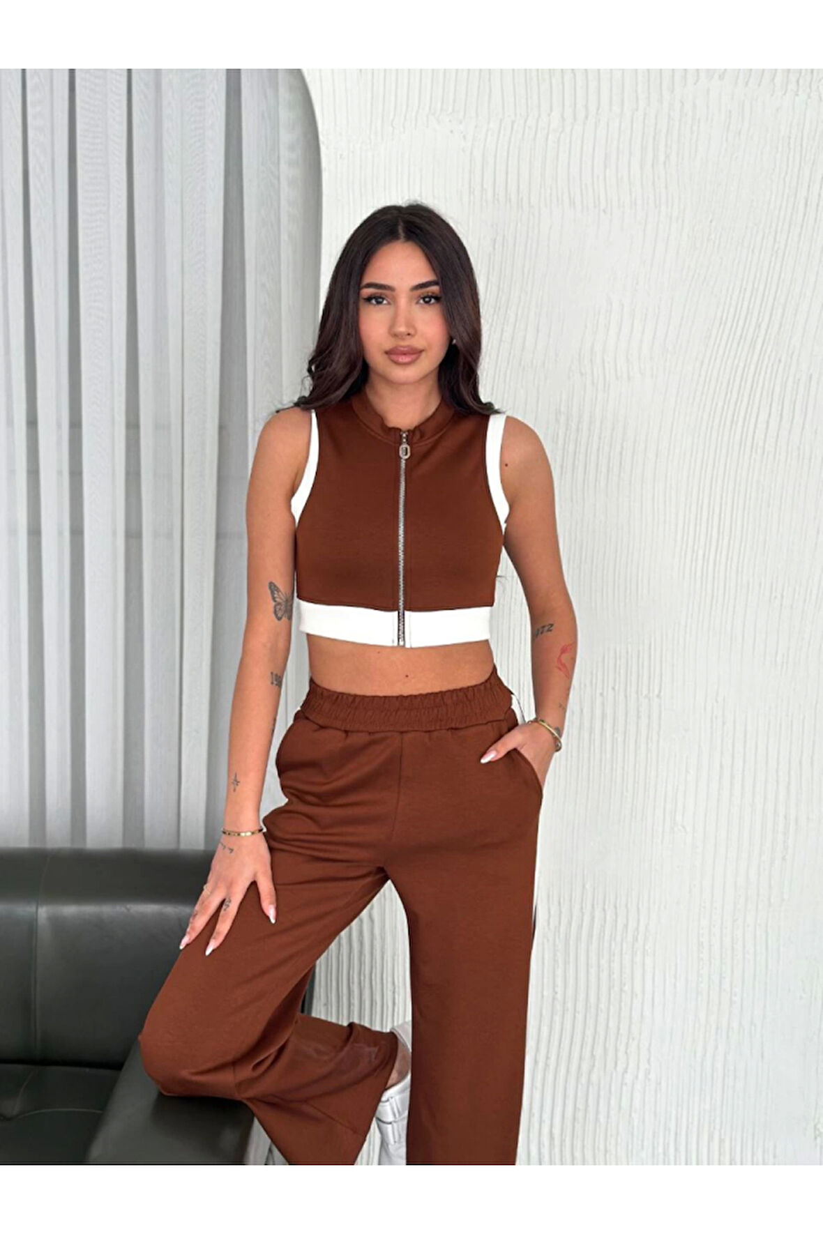 Osy Modal Yumuşak Dokulu Kumaş Tam Fermuarlı Crop Pantalon İkili Takım - Kahverengi